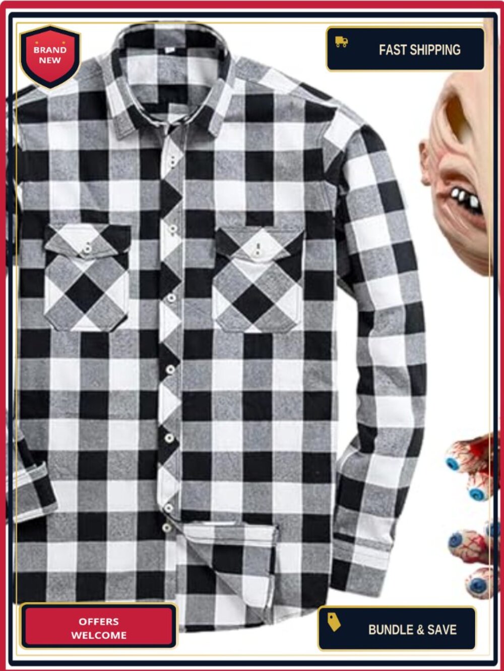 Men's Adam Costume Plaid Shirt Flannel Halloween Mask Finger Eyes Set